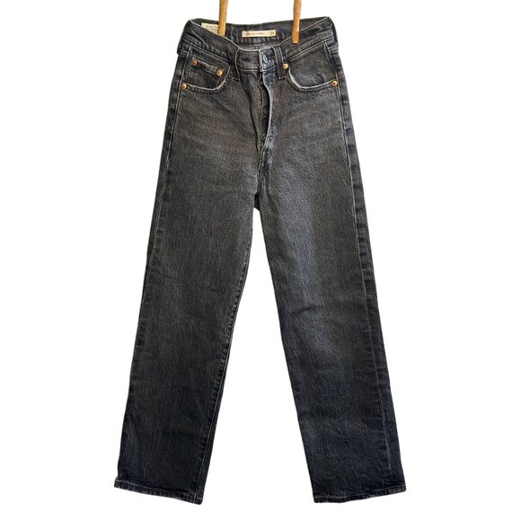 VTG LEVIS Ribcage Straight Jeans Women’s 23 – Button Fly Black Distressed Denim - Picture 1 of 11